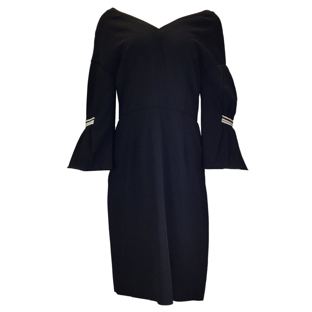 VIONNET BLACK BELL SLEEVED V-NECK CREPE MIDI DRESS